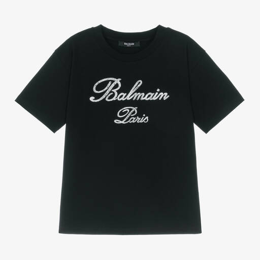 Balmain-Girls Black Cotton Diamanté Logo T-Shirt | Childrensalon
