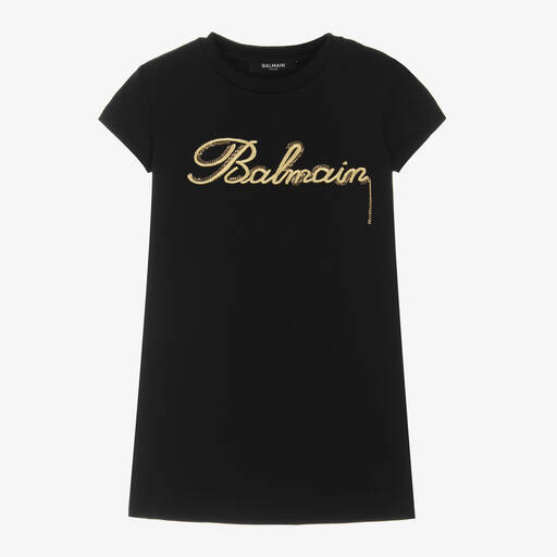 Balmain-Girls Black Embroidered Cotton Dress | Childrensalon