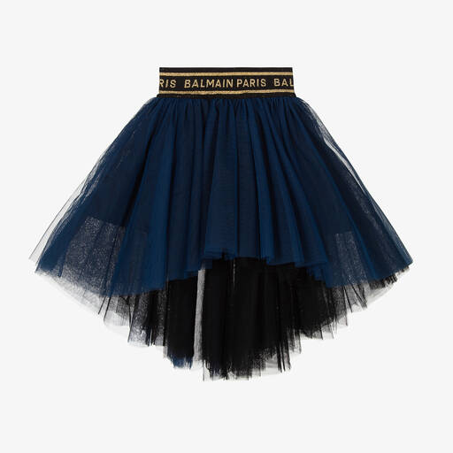 Balmain-Girls Blue & Gold Tulle Logo Skirt | Childrensalon