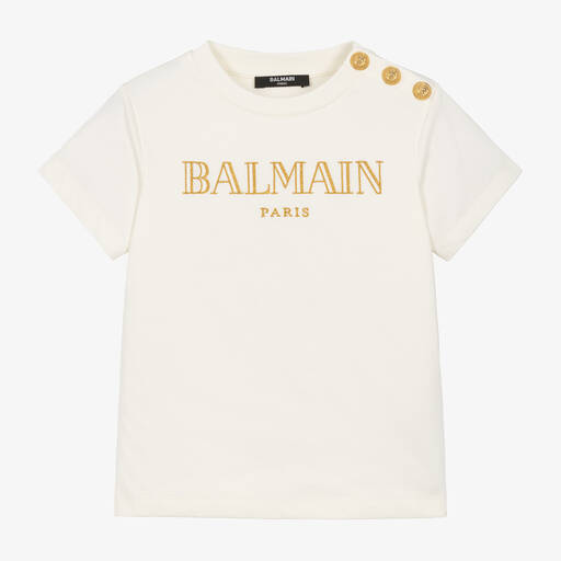 Balmain-Girls Ivory Cotton T-Shirt | Childrensalon