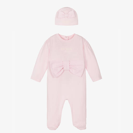 Balmain-Girls Pink Cotton Babysuit Set | Childrensalon