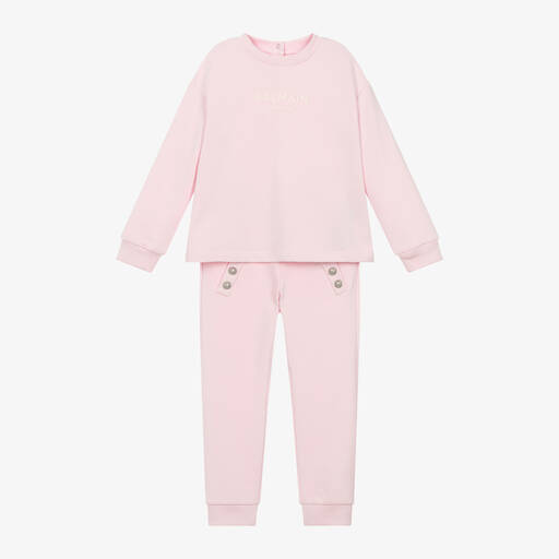 Balmain-Girls Pink Embroidered Cotton Tracksuit | Childrensalon