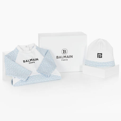 Balmain-Girls White & Blue Cotton Babygrow Gift Set | Childrensalon