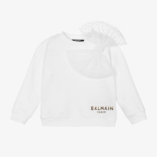Balmain-Girls White Bow Cotton Sweatshirt | Childrensalon