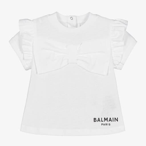 Balmain-Girls White Cotton Bow T-Shirt | Childrensalon