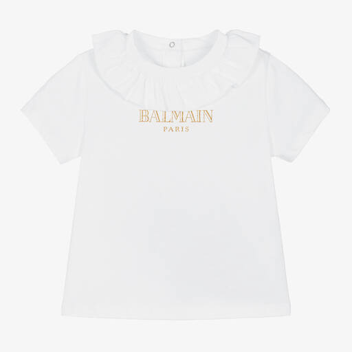 Balmain-Girls White Cotton Collared T-Shirt | Childrensalon