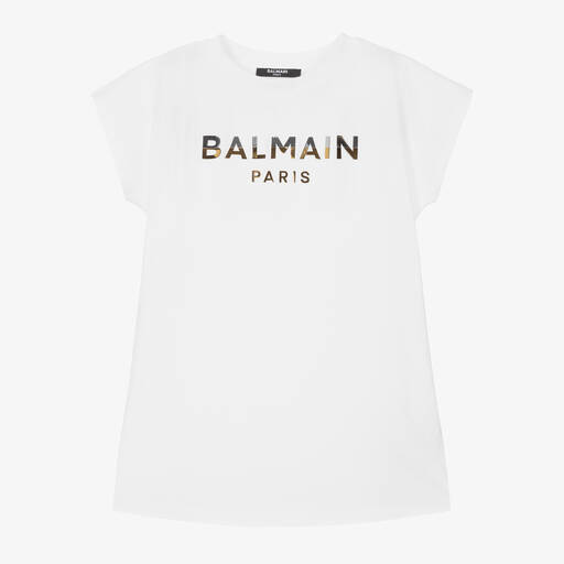 Balmain-Girls White Cotton T-Shirt Dress | Childrensalon