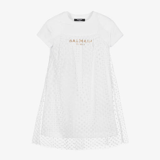 Balmain-Girls White Cotton & Tulle Dress  | Childrensalon