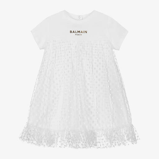 Balmain-Girls White Cotton & Tulle Dress | Childrensalon