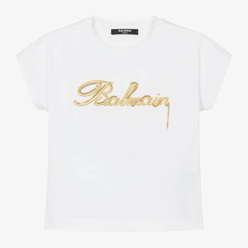 Balmain-Girls White Embroidered Cotton T-Shirt | Childrensalon