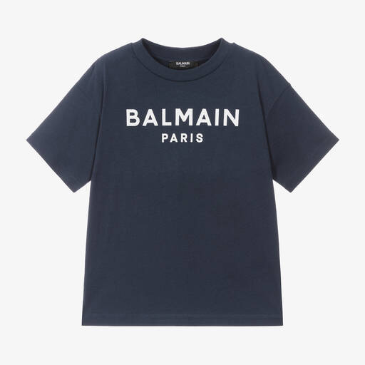 Balmain-Navy Blue Paris Cotton T-Shirt | Childrensalon