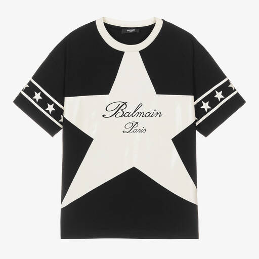 Balmain-Teen Black Cotton Star T-Shirt | Childrensalon