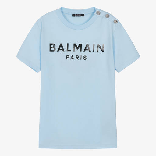 Balmain-Teen Blue Balmain Paris Cotton T-Shirt | Childrensalon