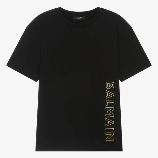Balmain-Teen Boys Black Cotton Graphic T-Shirt | Childrensalon