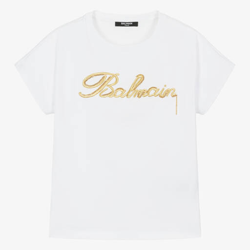 Balmain-Teen Girls White Embroidered Cotton T-Shirt | Childrensalon