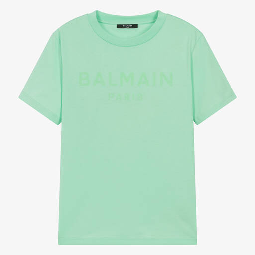Balmain-Teen Green Cotton Tonal-Graphic T-Shirt | Childrensalon