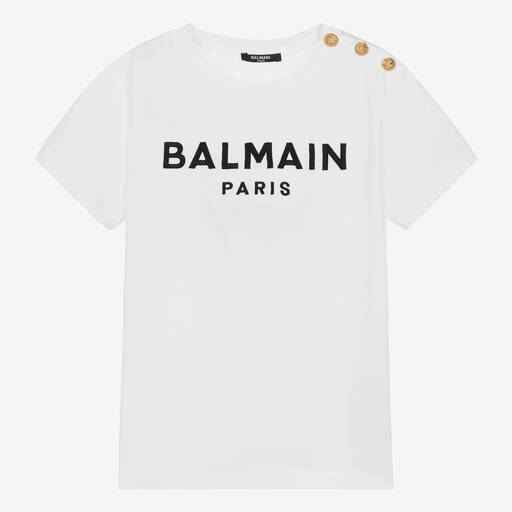 Balmain-Teen White Balmain Paris Cotton T-Shirt | Childrensalon