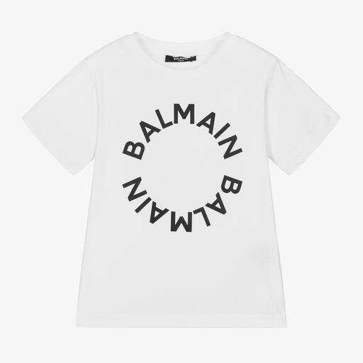 Balmain-White Cotton T-Shirt | Childrensalon