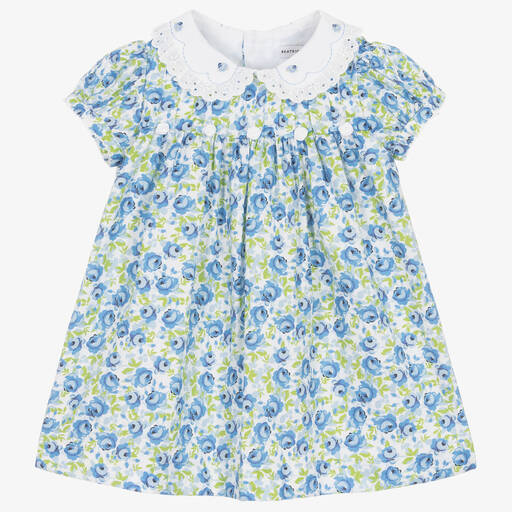 Beatrice & George-Baby Girls Blue Floral Cotton Dress  | Childrensalon