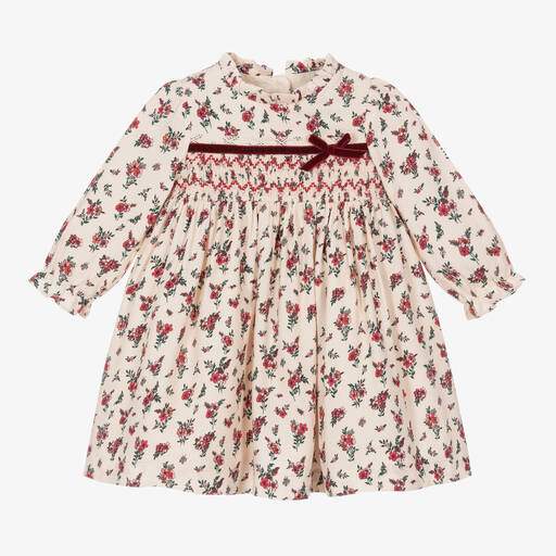 Beatrice & George-Baby Girls Ivory & Red Smocked Floral Dress | Childrensalon