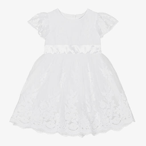 Beatrice & George-Baby Girls White Embroidered Tulle Dress  | Childrensalon
