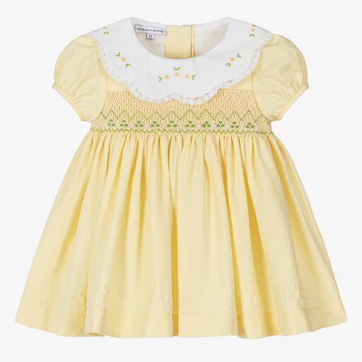 Beatrice & George-Baby Girls Yellow Hand-Smocked Daisy Dress | Childrensalon