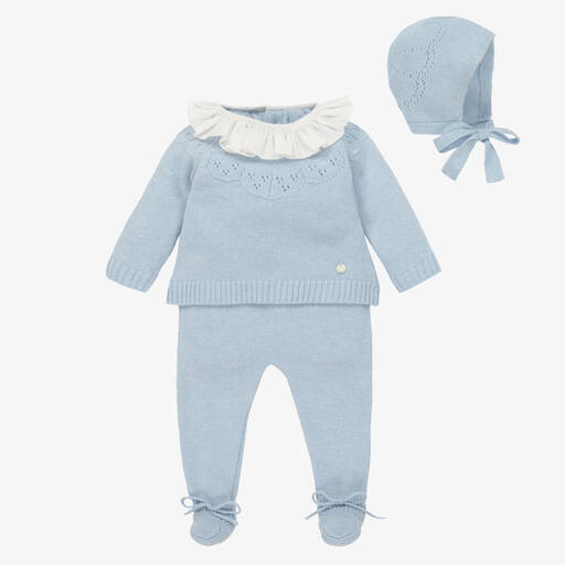 Beatrice & George-Blue Knitted Wool & Cashmere Babygrow Set | Childrensalon