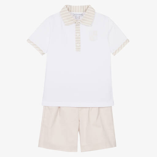 Beatrice & George-Белая рубашка поло и бежевые шорты из хлопка | Childrensalon