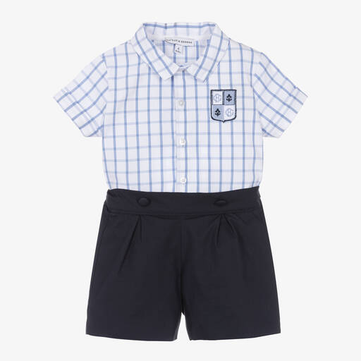 Beatrice & George-Boys Blue Cotton Buster Suit | Childrensalon