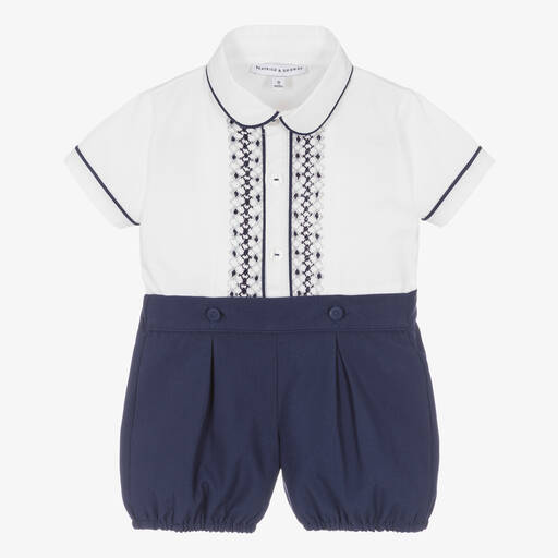 Beatrice & George-Boys Blue Cotton Hand-Smocked Buster Suit | Childrensalon
