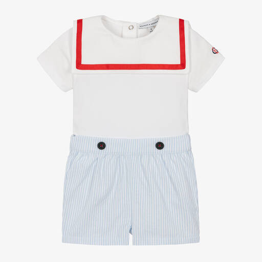 Beatrice & George-Boys Blue Stripe Cotton Sailor Shorts Set | Childrensalon
