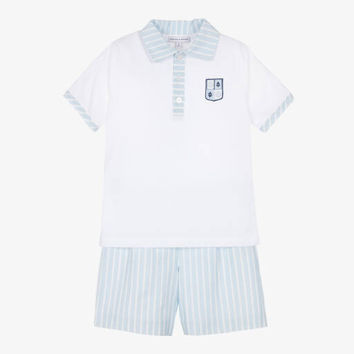 Beatrice & George-Boys Blue Stripe Linen & Cotton Shorts Set | Childrensalon