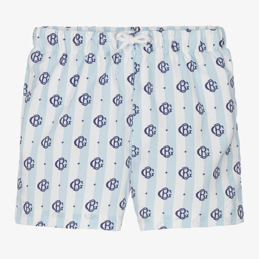 Beatrice & George-Boys Blue Stripe Monogram Swim Shorts | Childrensalon
