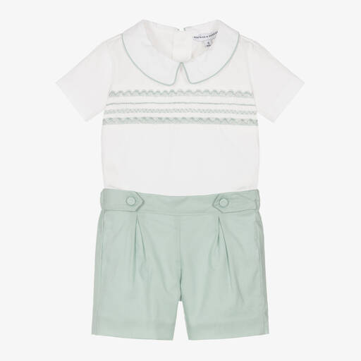 Beatrice & George-Boys Green Hand-Smocked Cotton Buster Suit | Childrensalon