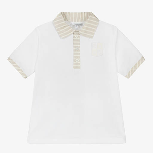 Beatrice & George-Boys White & Beige Cotton Polo Shirt | Childrensalon