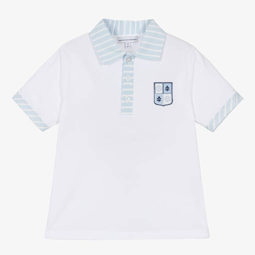 Beatrice & George-Boys White & Blue Cotton Polo Shirt | Childrensalon
