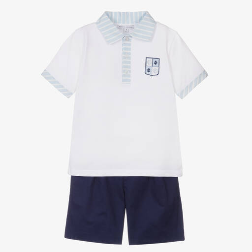 Beatrice & George-Boys White & Blue Cotton Shorts Set | Childrensalon