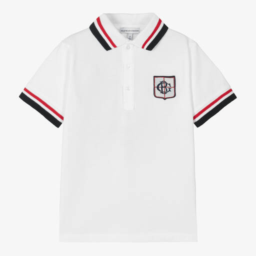 Beatrice & George-Boys White Cotton Piqué Crest Polo Shirt | Childrensalon
