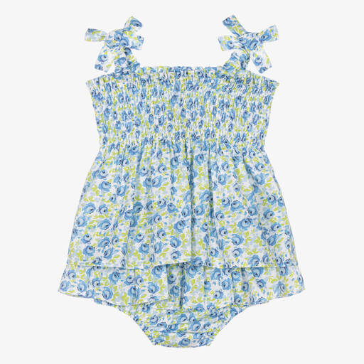 Beatrice & George-Girls Blue Cotton Floral Dress & Bloomers | Childrensalon