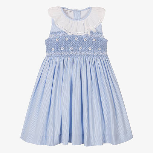 Beatrice & George-Girls Blue Cotton Hand-Smocked Dress | Childrensalon