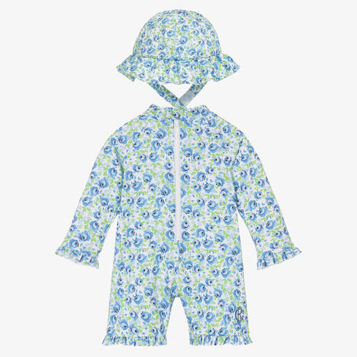 Beatrice & George-Girls Blue Floral Sun Suit Set (UPF50+) | Childrensalon