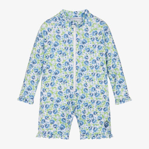 Beatrice & George-Girls Blue Floral Sun Suit (UPF50+) | Childrensalon
