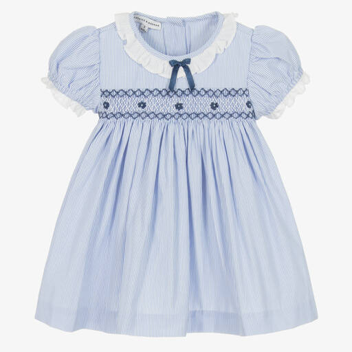 Beatrice & George-طقم فستان مطرز سموكينغ قطن لون أزرق وأبيض | Childrensalon