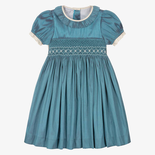 Beatrice & George-Girls Blue Hand-Smocked Dupion Dress | Childrensalon