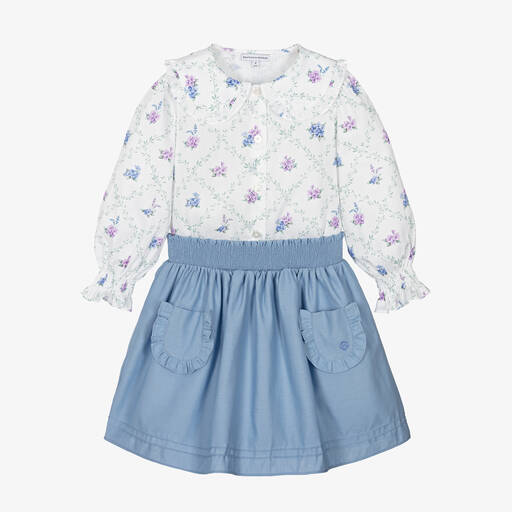 Beatrice & George-Girls Blue Linen & Cotton Skirt Set | Childrensalon