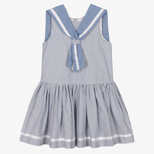 Beatrice & George-Girls Blue Striped Cotton Sailor Dress | Childrensalon