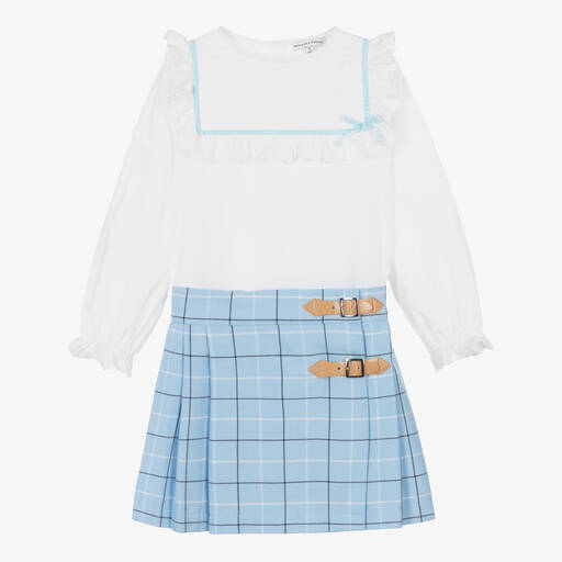 Beatrice & George-Girls Blue Viscose Tartan Skirt Set | Childrensalon
