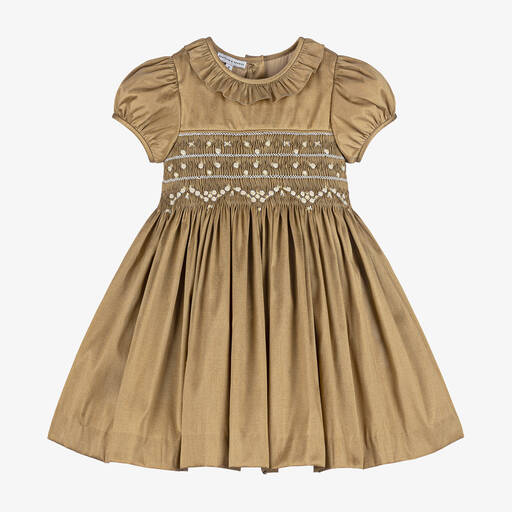 Beatrice & George-Girls Gold Hand-Smocked Dupion Dress | Childrensalon