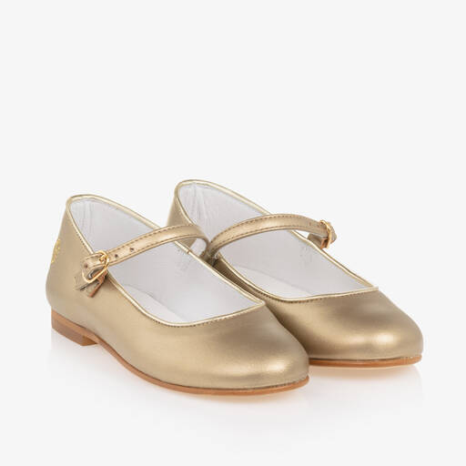 Beatrice & George-حذاء بمب ماري جين جلد لون ذهبي للبنات | Childrensalon