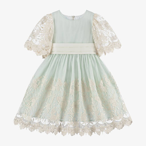 Beatrice & George-Girls Green & Ivory Embroidered Tulle Dress | Childrensalon
